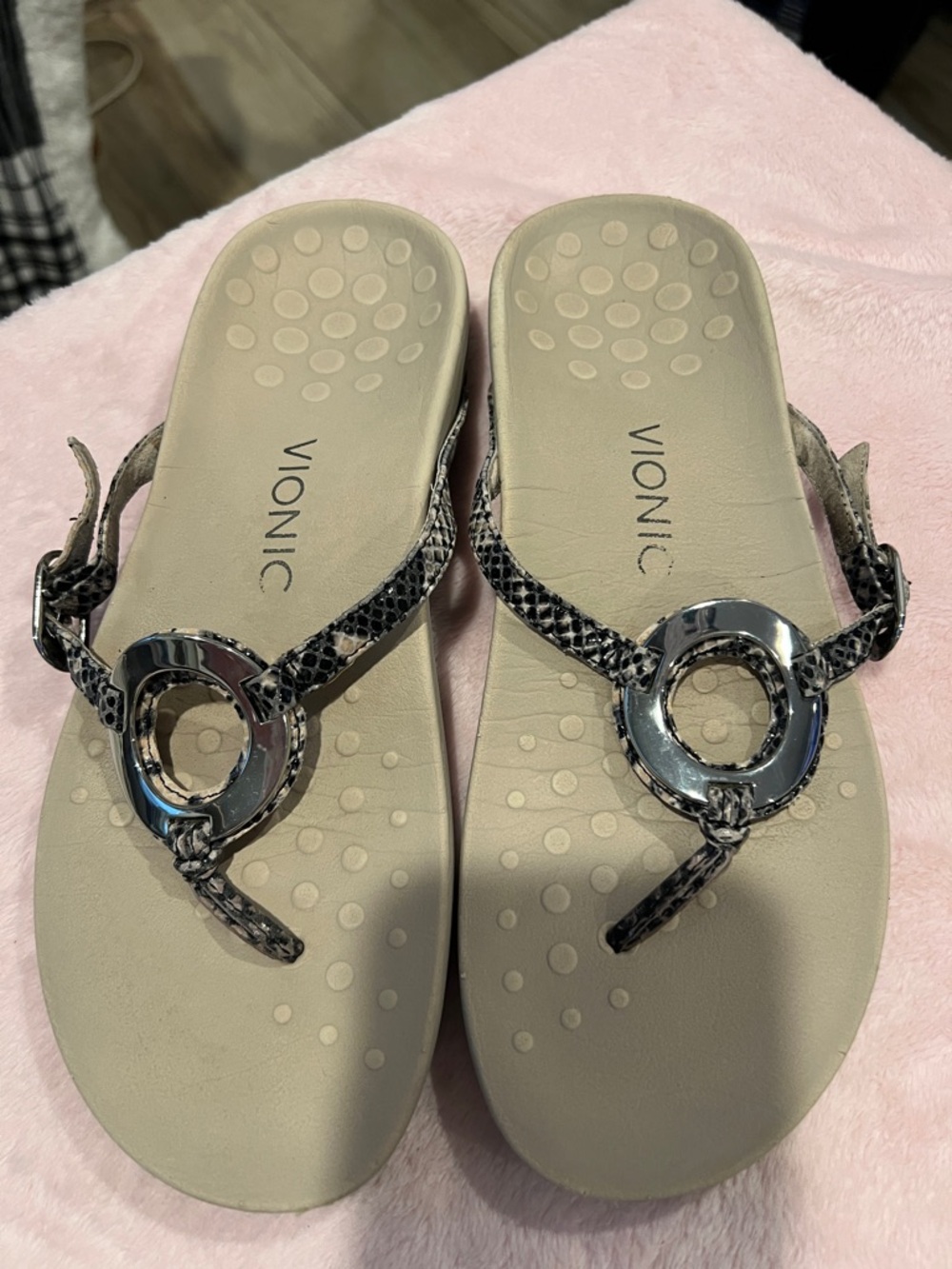 Vionic Women's Taupe Footbed Sandals with Silver Ring & Snake-Print Straps